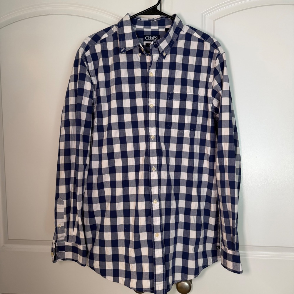Chaps Mens Stretch Poplin Button Down Shirt Navy Blue White Gingham Check Large
